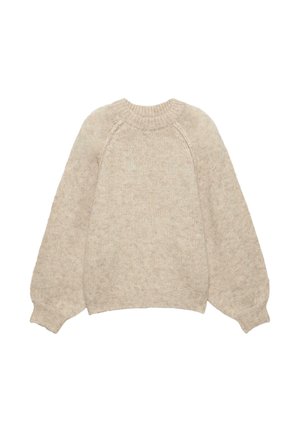 Bež pleten pulover z okroglo vratno odprtino, raglan rokavi in rebrastimi manšeti. Mehka tekstura in ohlapen kroj. Brez vidnih vzorcev ali dodatkov.