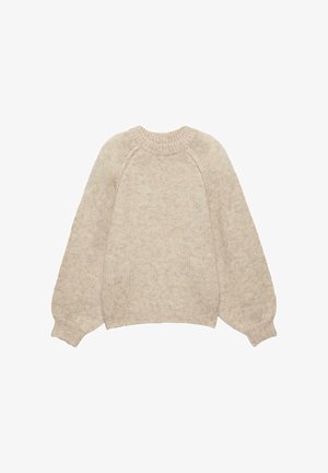 Beiger Strickpullover mit Rundhalsausschnitt, Raglanärmeln und gerippten Bündchen. Weiche Textur und lockere Passform. Keine sichtbaren Muster oder Beschläge.