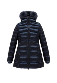 Granatowa kurtka pikowana z zamkiem z przodu, ściągaczami na rękawach oraz kapturem podszytym sztucznym futrem. Gładki, błyszczący materiał z poziomymi przeszyciami.
