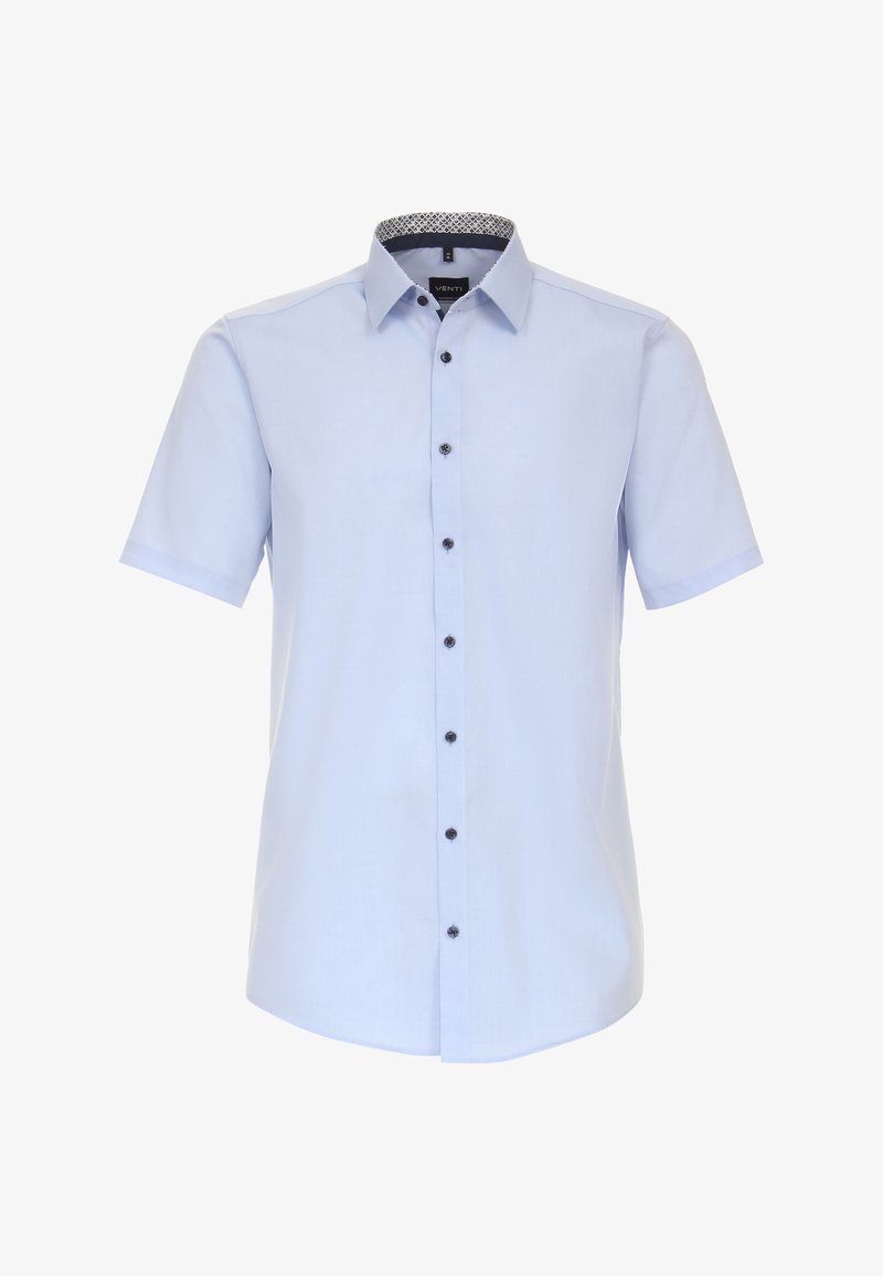 Kurzärmliges, hellblaues Hemd mit Knöpfen und Kragen, ausgestattet mit schwarzen Knöpfen und einem gemusterten Detail am Innenkragen. Glatte Stoffstruktur.