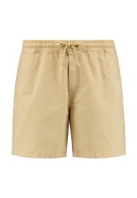 Pantaloni scurți de baie bej cu talie elastică și șnur ajustabil. Include buzunare laterale și o margine dreaptă. Țesătură ușoară.