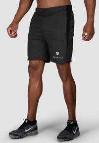 Dark gray athletic shorts made of soft material, featuring a black side panel, drawstring waist, and a white logo on the front.