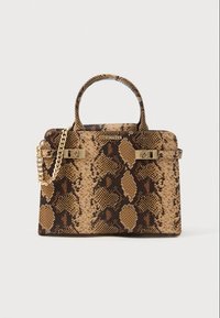 Snake print handbag with beige and dark brown patterns, structured shape, top handles, and a removable chain strap. Gold-tone hardware accents.