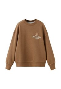Felpa marrone in misto cotone, con collo rotondo e spalle cadenti. Design ricamato con un personaggio di pan di zenzero e testo.