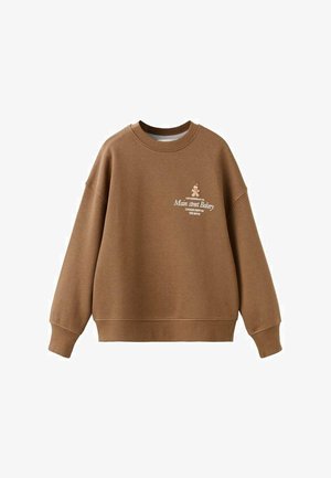 Rjava dukserica iz mešanice bombaža, s krojem okroglega vratu in spuščenimi rameni. Vezena zasnova z likom piškota in napisom.