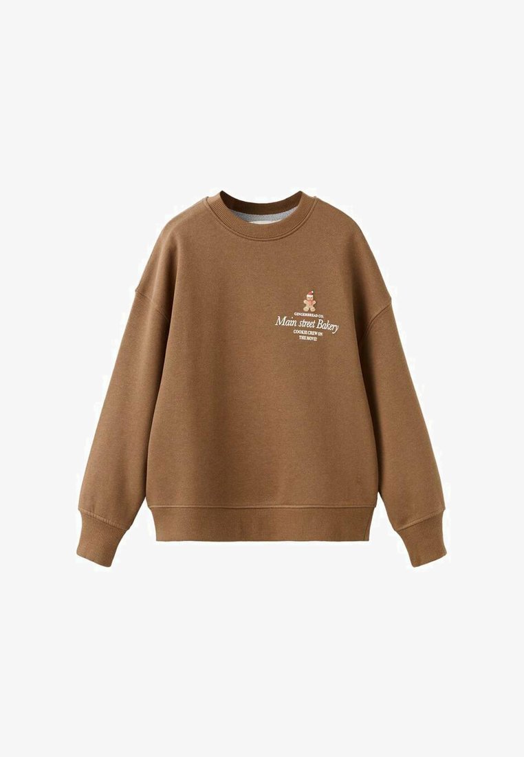Felpa marrone in misto cotone, con collo rotondo e spalle cadenti. Design ricamato con un personaggio di pan di zenzero e testo.