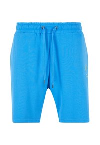 Shorts din bumbac albastru cu talie elastică, sistem de închidere cu șnur și detaliu grafic subtil pe lateral. Textură fină și croială lejeră.