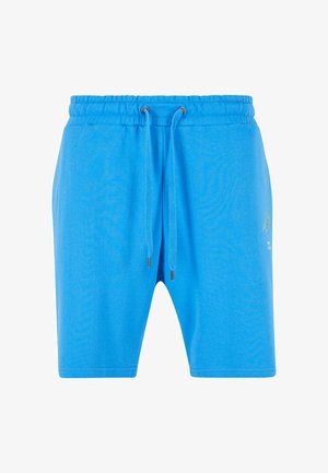 Zili kokvilnas īsi šorti ar elastīgu jostasvietu, aukliņu aizdari un smalku grafiku sānos. Gluda tekstūra un brīvi pieguļoša formas.