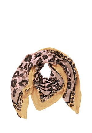 Vierkante sjaal met roze en mosterdgele luipaardprint en een zwarte rand, losjes gevouwen waarbij de stoftextuur en het patroon zichtbaar zijn.