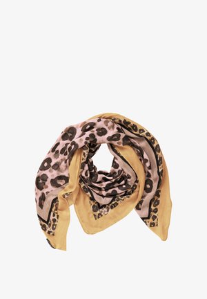 Quadratischer Schal mit Leopardenmuster in Pink und Senfgelb sowie schwarzem Rand, locker gefaltet, zeigt die Stoffstruktur und das Muster.