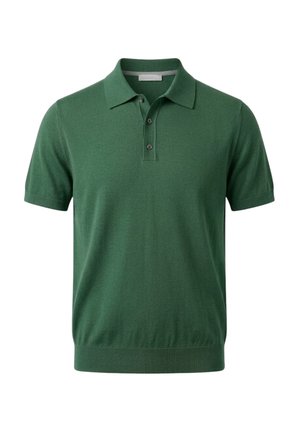 Polo verde a maniche corte con patta a tre bottoni e orlo a coste, mostrata su sfondo bianco.