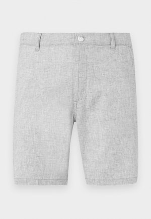 Shorts en lin gris avec un tissu texturé, fermeture à boutons et coupe classique. Le design présente des jambes droites et une finition soignée.