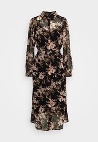 Svart genomskinlig midiklänning med långa ärmar, krage, blommönster i beige och brunt, samt ett matchande bälte i midjan.