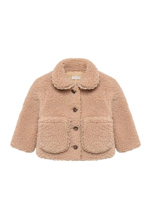 Beige fleecejack voor peuters met grote kraag, knopen aan de voorkant en twee zakken, ontworpen voor warmte en comfort.