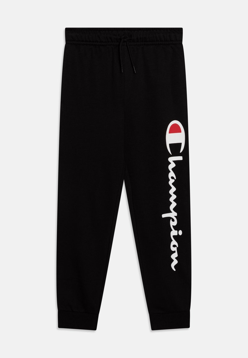 Črne trenirke z elastičnim pasom, vrvico in rebrastimi manšetami. Na levi nogi je bel logotip "Champion".