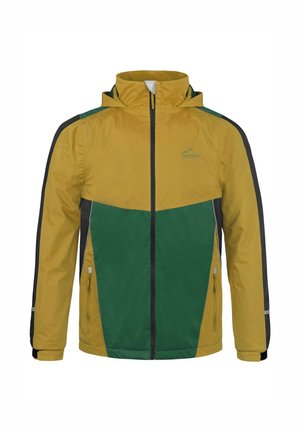 Water-resistant jacket with a yellow and green color block design. Features a hood, zippered pockets, and black accents on sleeves.