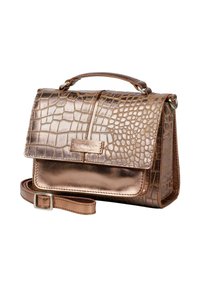Borsa metallizzata color bronzo con motivo a coccodrillo, design strutturato, tracolla staccabile e manico superiore. Presenta una chiusura con patta frontale.