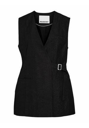 Čierna bezrukávová vesta s hlbokým výstrihom do V, bočným pásikom so sponou a dvoma prednými vreckami.