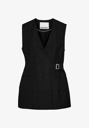 Čierna bezrukávová vesta s hlbokým výstrihom do V, bočným pásikom so sponou a dvoma prednými vreckami.