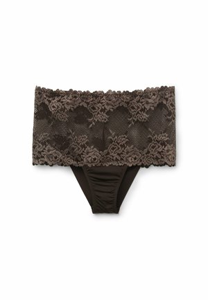 Culotte en dentelle marron taille haute avec des motifs floraux et un bord festonné, présentant un panneau avant froncé.