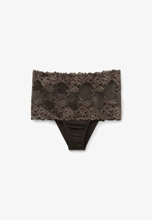 Hooggetailleerd bruin kanten ondergoed met bloemmotieven en een geschulpte rand, met een geplooid voorpaneel.