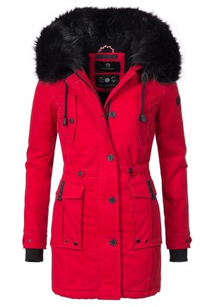 Czerwona zimowa parka z czarnym sztucznym futrzanym obszyciem kaptura, czarnymi guzikami, przednimi kieszeniami z patkami i regulowanym ściągaczem w talii.
