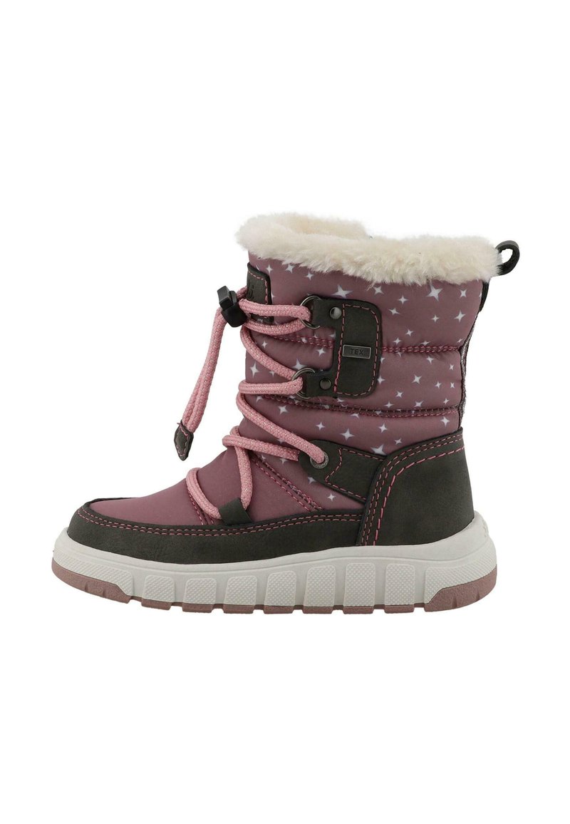 Stivale impermeabile rosa con motivo a stelle bianche, collo foderato in pelliccia, dettagli neri, lacci rosa e suola in gomma texturizzata per una buona aderenza.