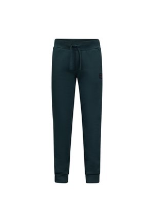Dunkelgrüne Jogginghose mit einem Kordelzugbund, gerippten Bündchen, glatter Textur und einem kleinen Logopatch an der Seite.