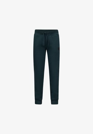 Donkergroene joggingbroek met een trekkoord in de taille, geribbelde boorden, een gladde textuur en een klein logo-opdruk aan de zijkant.