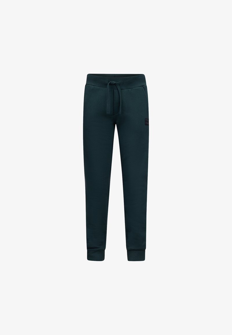 Donkergroene joggingbroek met een trekkoord in de taille, geribbelde boorden, een gladde textuur en een klein logo-opdruk aan de zijkant.