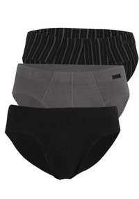 Tre coppie di slip da uomo, caratterizzate da un modello a righe nere, grigio uniforme e nero uniforme. Ognuno presenta un tessuto morbido e una cintura elastica.