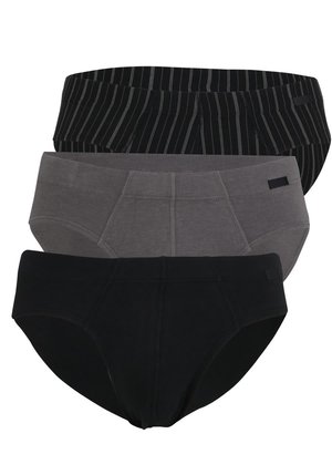 Drei Paare Herrenunterhosen, bestehend aus schwarz mit Streifen, einfarbig grau und einfarbig schwarz. Jede Hose hat einen weichen Stoff und einen elastischen Bund.