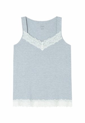 Grijze tanktop van zacht materiaal, met een geschulpte witte kanten rand langs de halslijn en zoom. Voorzien van verstelbare bandjes.