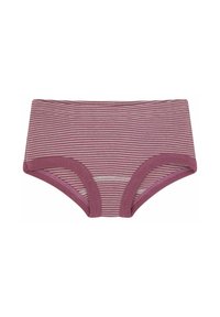 Gestreepte boyshorts in gedempt mauve en room, met een zachte elastische tailleband en naden, gemaakt van ademend materiaal.