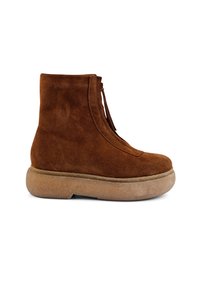 Braune Wildleder-Stiefeletten mit runder Zehenpartie, seitlichem Reißverschluss und einer dicken, strukturierten, hellbraunen Plateausohle.