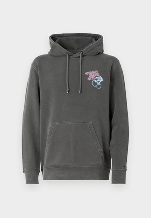 Hanorac gri dintr-un amestec de bumbac, cu buzunar frontal, glugă cu șnur și un logo brodat colorat "Tommy Jeans NYC" cu diverse desene.