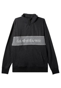 Felpa nera con zip e colletto alto, striscia orizzontale grigia con logo "Quiksilver" e due tasche laterali. Texture di tessuto morbido.