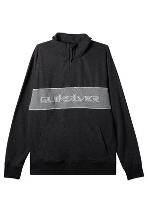 Czarna bluza z zamkiem i wysokim kołnierzem, szara pozioma pasek z logo "Quiksilver" oraz dwie boczne kieszenie. Miękka faktura materiału.