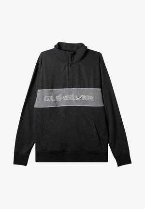 Musta vetoketjullinen huppari, jossa on korkea kaulus, harmaa vaakaraita ja "Quiksilver"-logo, sekä kaksi sivutaskua. Pehmeä kankaan rakenne.
