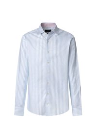 Camicia button-up a righe blu chiaro, con un design a righe strette, colletto a punta, maniche lunghe e polsini con bottone. Tessuto dalla consistenza liscia.