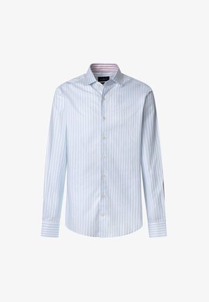 Camicia button-up a righe blu chiaro, con un design a righe strette, colletto a punta, maniche lunghe e polsini con bottone. Tessuto dalla consistenza liscia.