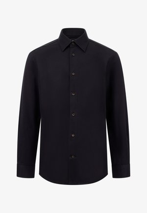Black long-sleeve shirt made of smooth fabric with a pointed collar, button front, and buttoned cuffs. Features five brown buttons along the placket.