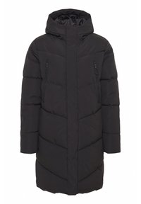 Palton puffer negru cu glugă, cu fermoar în față, două buzunare cu fermoar pe piept și un design cu cusături canal pentru izolație.