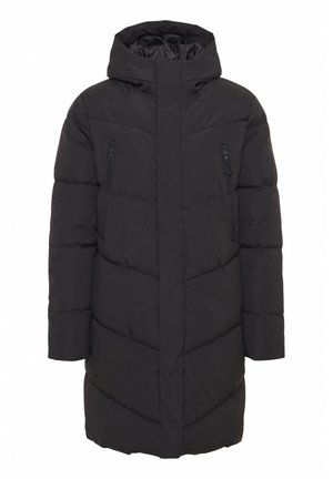 Juodas pūkinis paltas su gobtuvu, su užtrauktuku priekyje, dviem užtraukiamomis krūtinės kišenėmis ir kanalo siuvimu, užtikrinančiu šilumą.