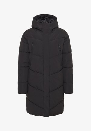 Abrigo de plumas negro con capucha, que cuenta con un cierre frontal, dos bolsillos en el pecho con cremallera y un diseño de costura en canales para aislamiento.