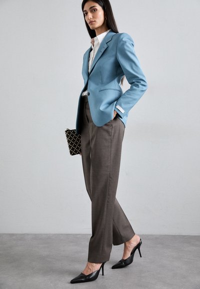 Světlomodrý tailored blazer, bílá košile, hnědé kalhoty a černé lodičky na vysokém podpatku spolu se strukturovanou černou a zlatou kabelkou. Jednoduchý, elegantní design.