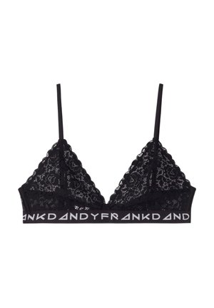 Svart spetsbustier med triangulära kupor, scalloped kanter och tunna band. Elastiskt band med texten "Dandy Frank" i vit skrift.