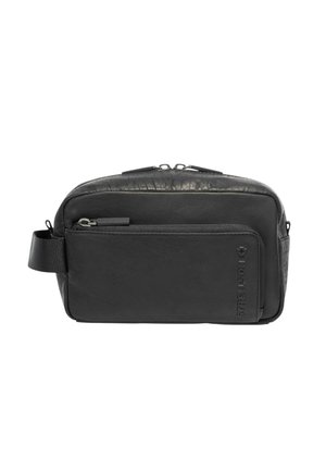 Black leather bag featuring a textured front, smooth back, zippered compartments, and a fabric strap on the side for carrying.