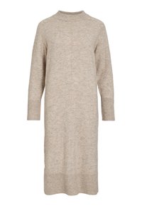 Világos bézs kötött ruha magas nyakkal, hosszú ujjakkal, bordázott mandzsettákkal és szegéllyel. Az anyag puha, texturált megjelenésű.