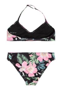 Schwarzes Bikini-Set mit einem Triangel-Oberteil und einem Blumenmuster in Pink und Grün sowie einem passenden Unterteil mit ähnlichen tropischen Motiven.